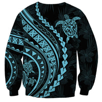 Unisex black sweatshirt with aqua Polynesian tribal scroll and turtle designs, long sleeves