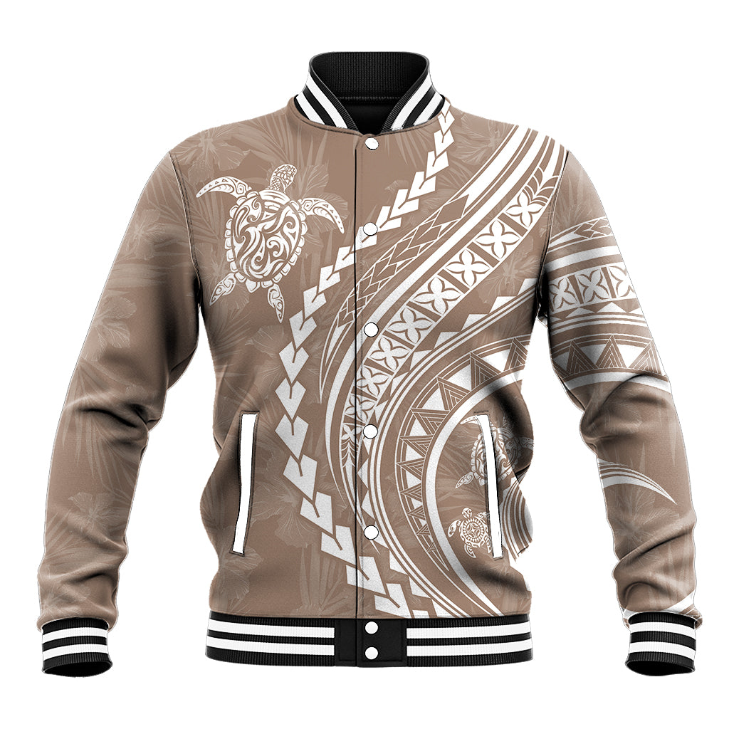 Unisex beige baseball jacket with black striped ribbed collar and bold tribal graphic
