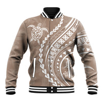 Unisex beige baseball jacket with black striped ribbed collar and bold tribal graphic