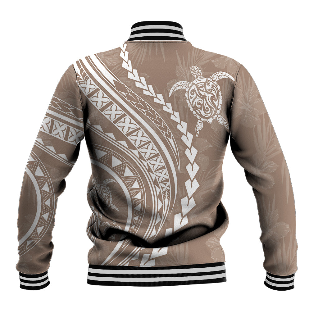 Unisex beige baseball jacket back with tribal pattern and black striped ribbed cuffs