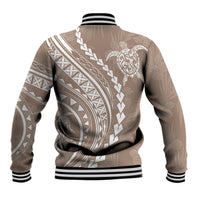 Unisex beige baseball jacket back with tribal pattern and black striped ribbed cuffs