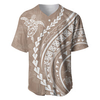 Beige baseball jersey with button front and large Polynesian turtle print