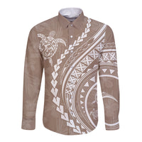 Long-sleeve button shirt in beige with Polynesian turtle and geometric print