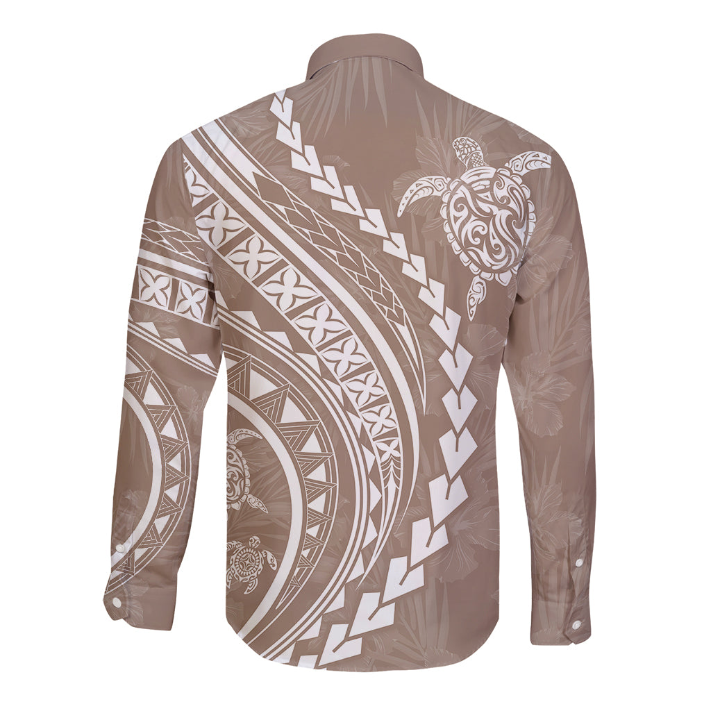 Long-sleeve button shirt, beige, rear view with large Polynesian turtle print