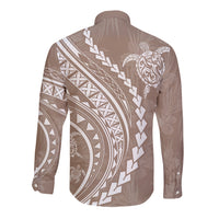 Long-sleeve button shirt, beige, rear view with large Polynesian turtle print