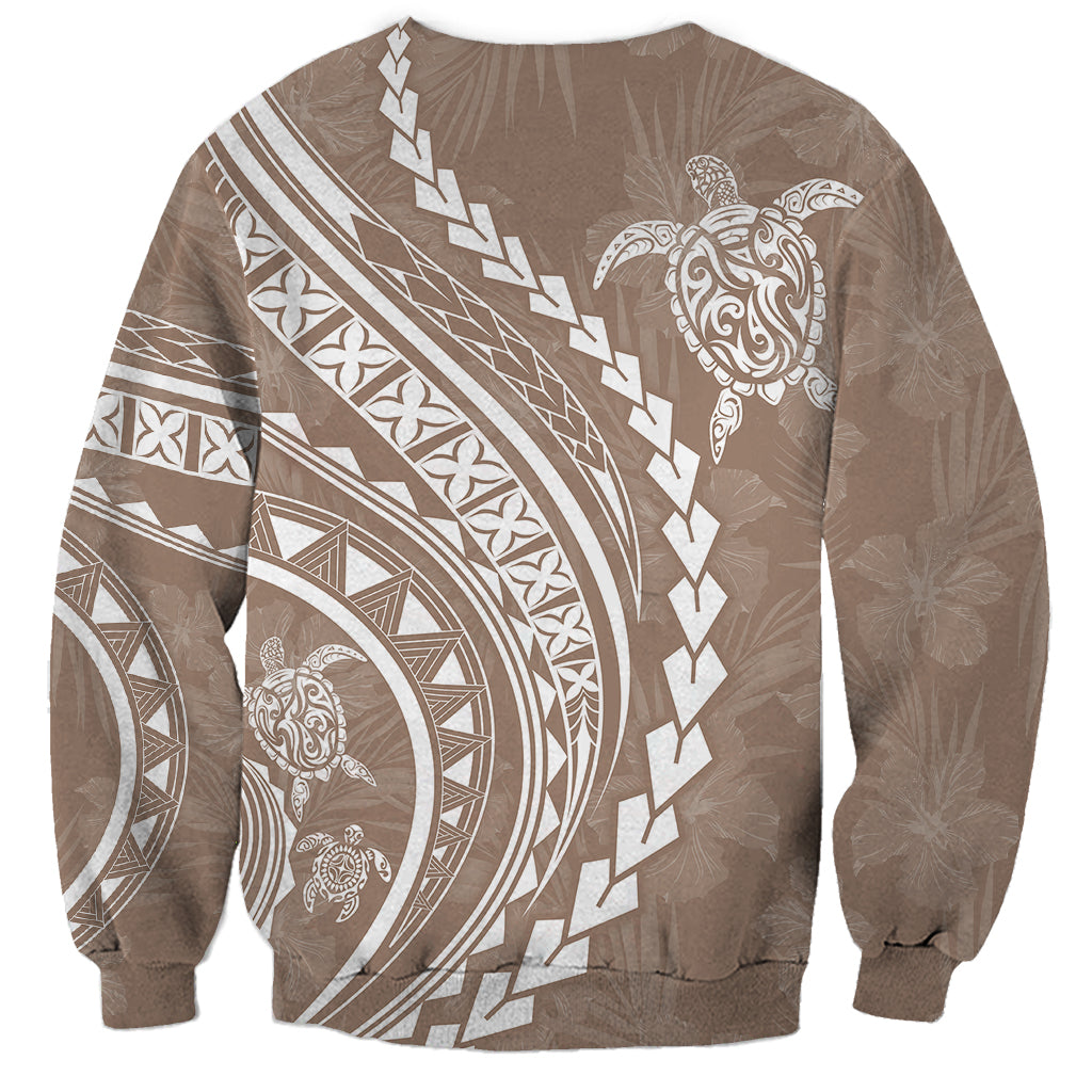 Beige unisex crewneck sweatshirt with large tribal stripe print and turtle motif