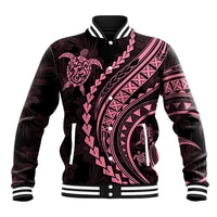 Black baseball jacket with pink Polynesian turtle and hibiscus graphic, snap front.