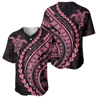 Baseball jersey, black with pink tribal stripes, turtle hibiscus motifs, button front