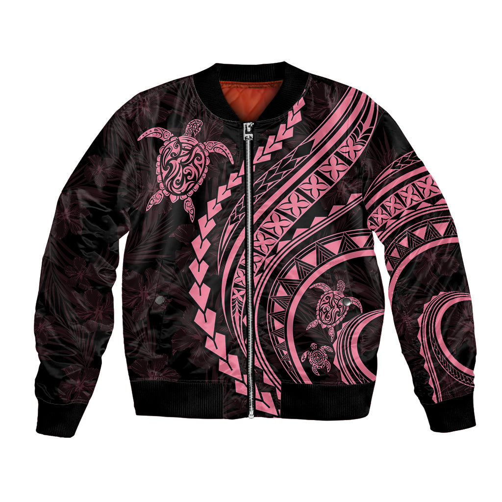 Black unisex bomber jacket with pink zip-front turtle hibiscus graphics