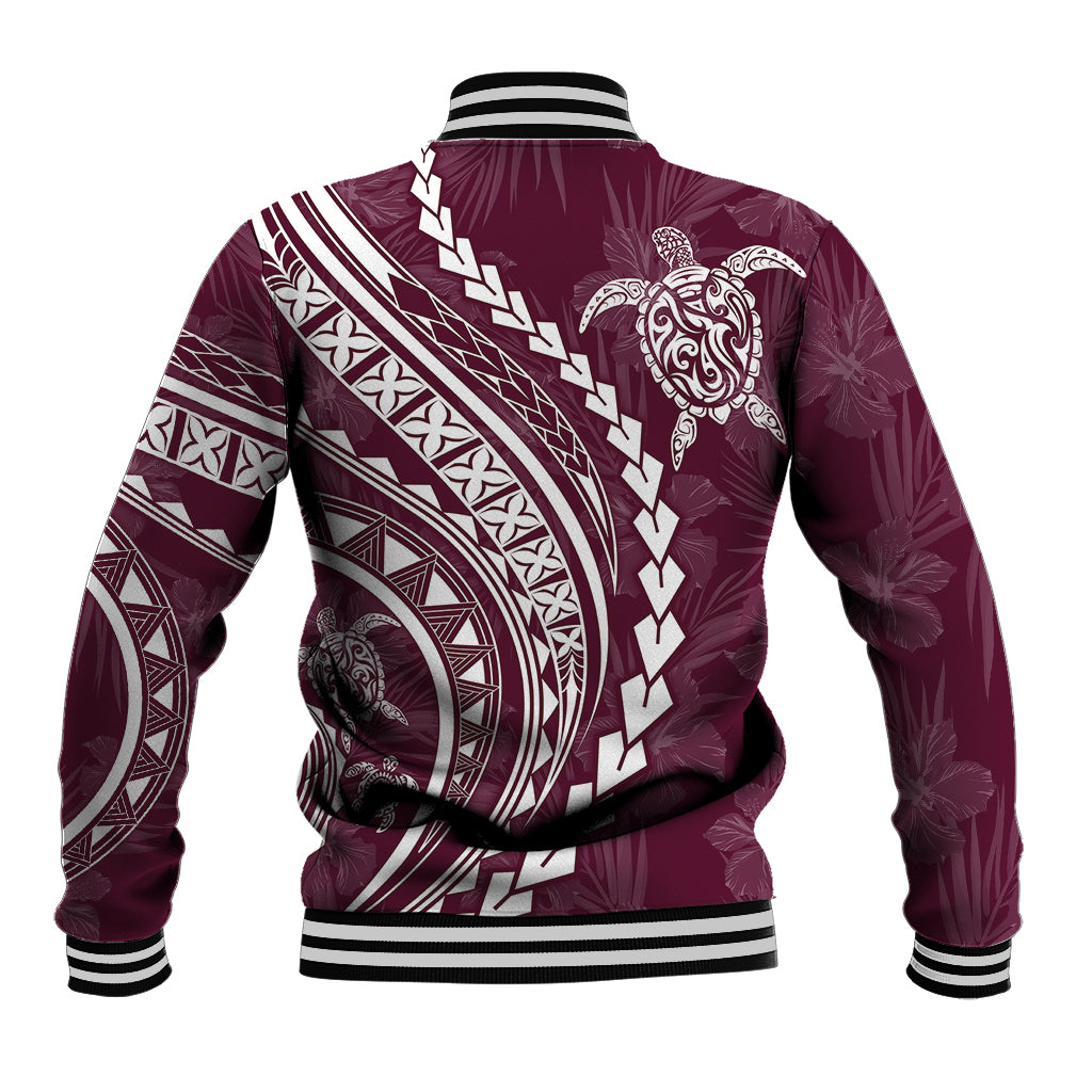 Unisex baseball jacket, back view, dark red with large white tribal motif and stripes