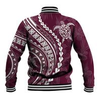 Unisex baseball jacket, back view, dark red with large white tribal motif and stripes