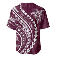 Maroon baseball jersey with short sleeves, white tribal arc design and turtle motif on back