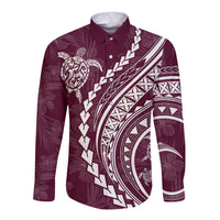 Long-sleeve button shirt in burgundy with tribal prints and turtle motif, button-front