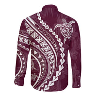 Long-sleeve button shirt in burgundy with bold back tribal patterns and turtle motif