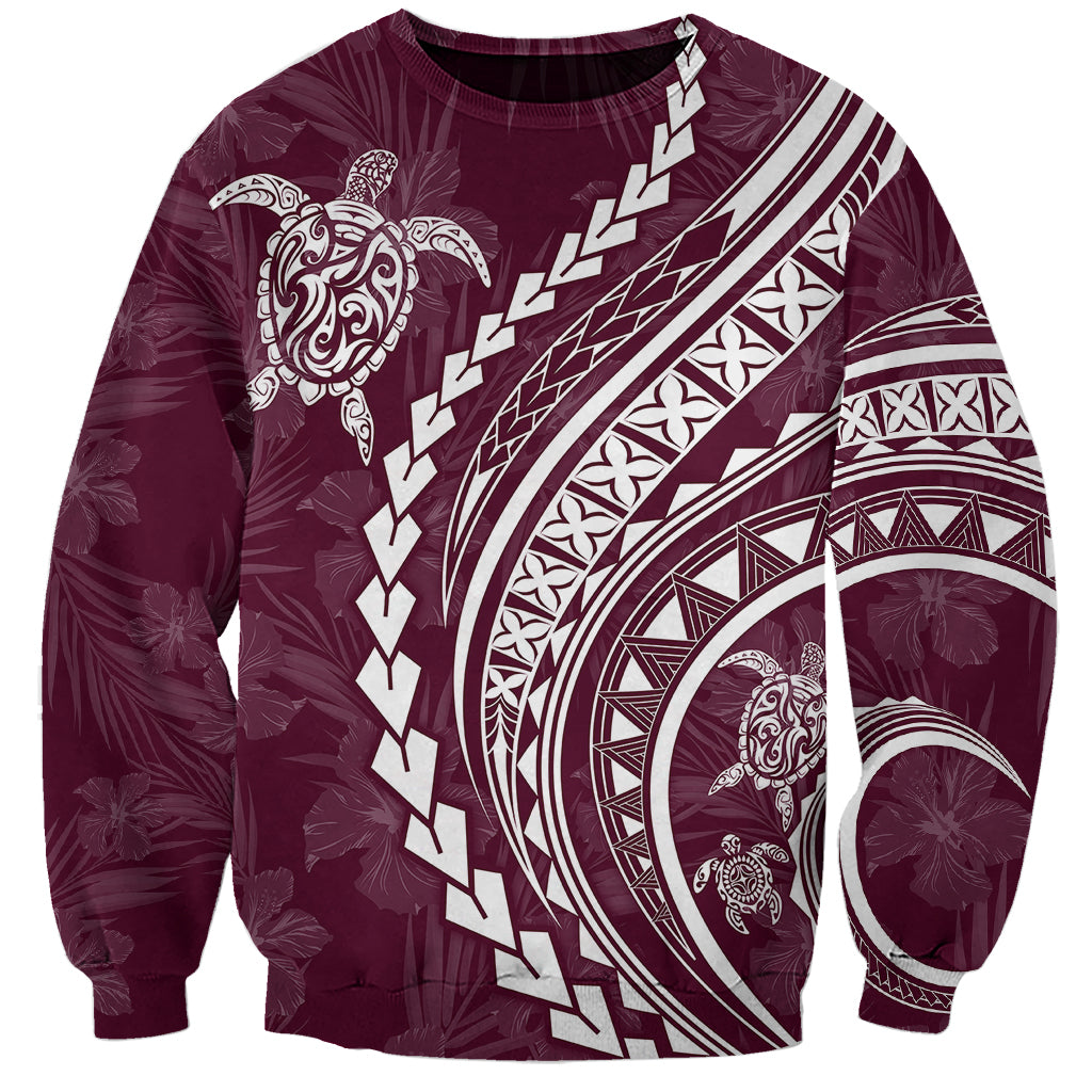 Unisex maroon Polynesian-style sweatshirt with turtle graphic and white tribal stripe pattern