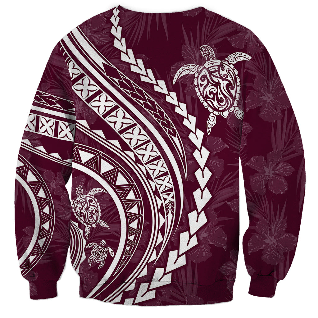Unisex maroon Polynesian-style sweatshirt with turtle graphic and white tribal motifs