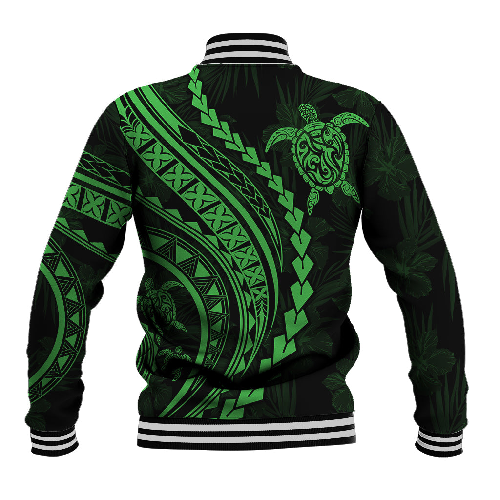 Green and black Polynesian print baseball jacket with turtle graphic on back