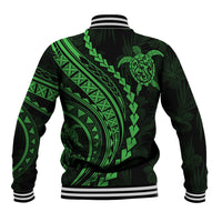 Green and black Polynesian print baseball jacket with turtle graphic on back