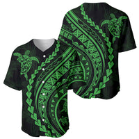 Green baseball jersey with black base, front turtle graphic, circular tribal bands, button placket