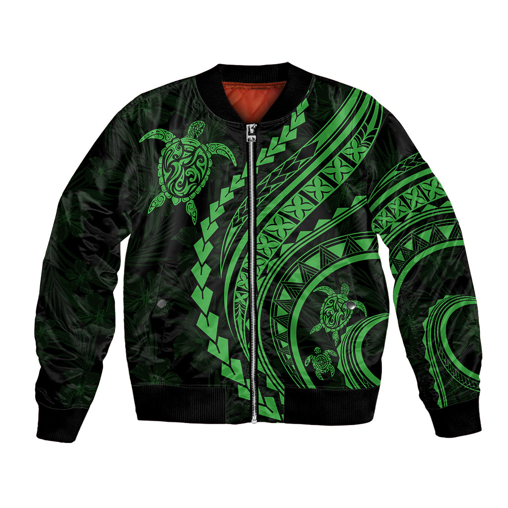 Unisex bomber jacket with green turtle graphic, full-zip front and ribbed cuffs