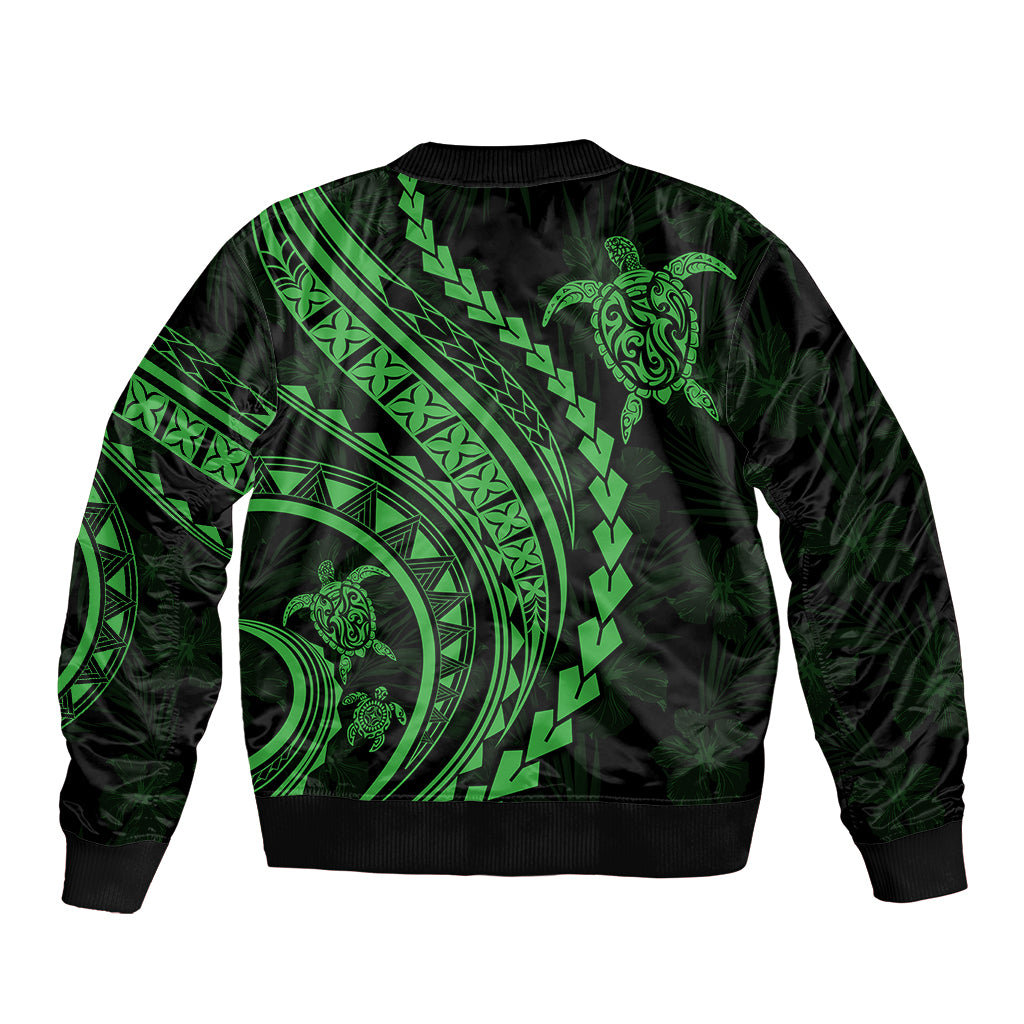 Unisex bomber jacket with green turtle and tribal geometric print, ribbed hem and cuffs