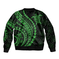 Unisex bomber jacket with green turtle and tribal geometric print, ribbed hem and cuffs