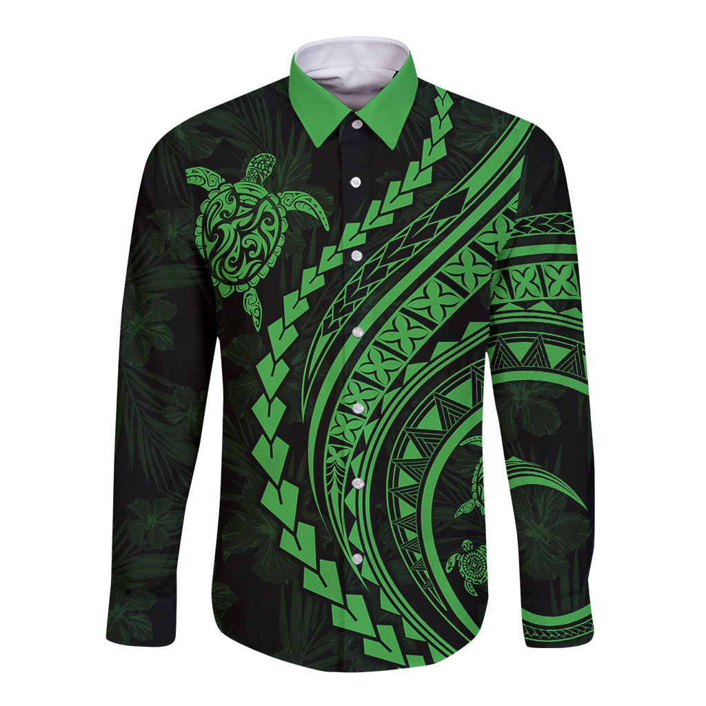 Black long sleeve button shirt with green turtle and Polynesian pattern