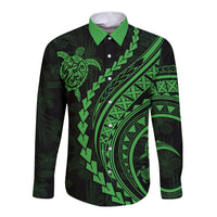 Black long sleeve button shirt with green turtle and Polynesian pattern