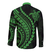 Black long sleeve button shirt with green tribal turtle pattern on back