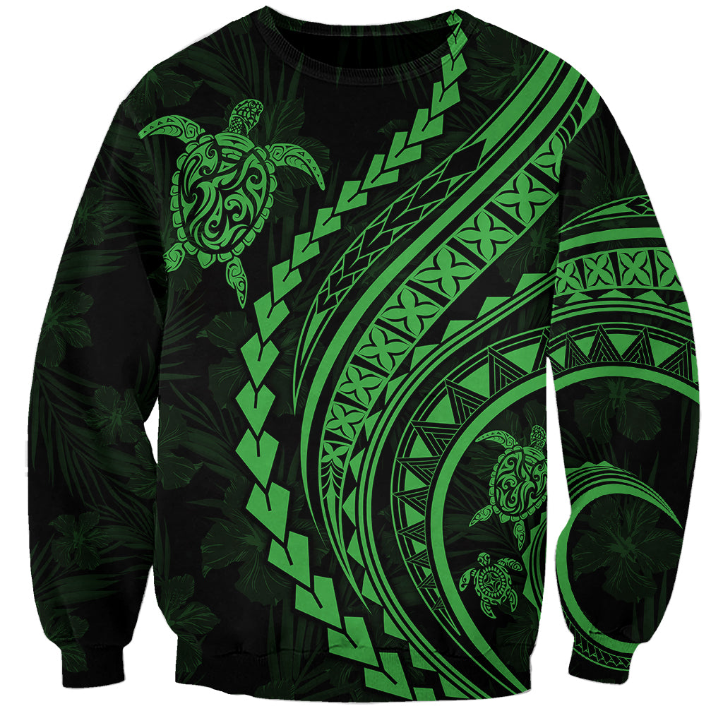 Dark green unisex sweatshirt with neon green turtle and tribal pattern graphic