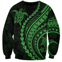 Dark green unisex sweatshirt with neon green turtle and tribal pattern graphic