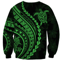 Dark green unisex sweatshirt with large neon green turtle graphic and tribal bands