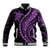 Baseball jacket in dark with purple tribal turtle and geometric bands, snap front