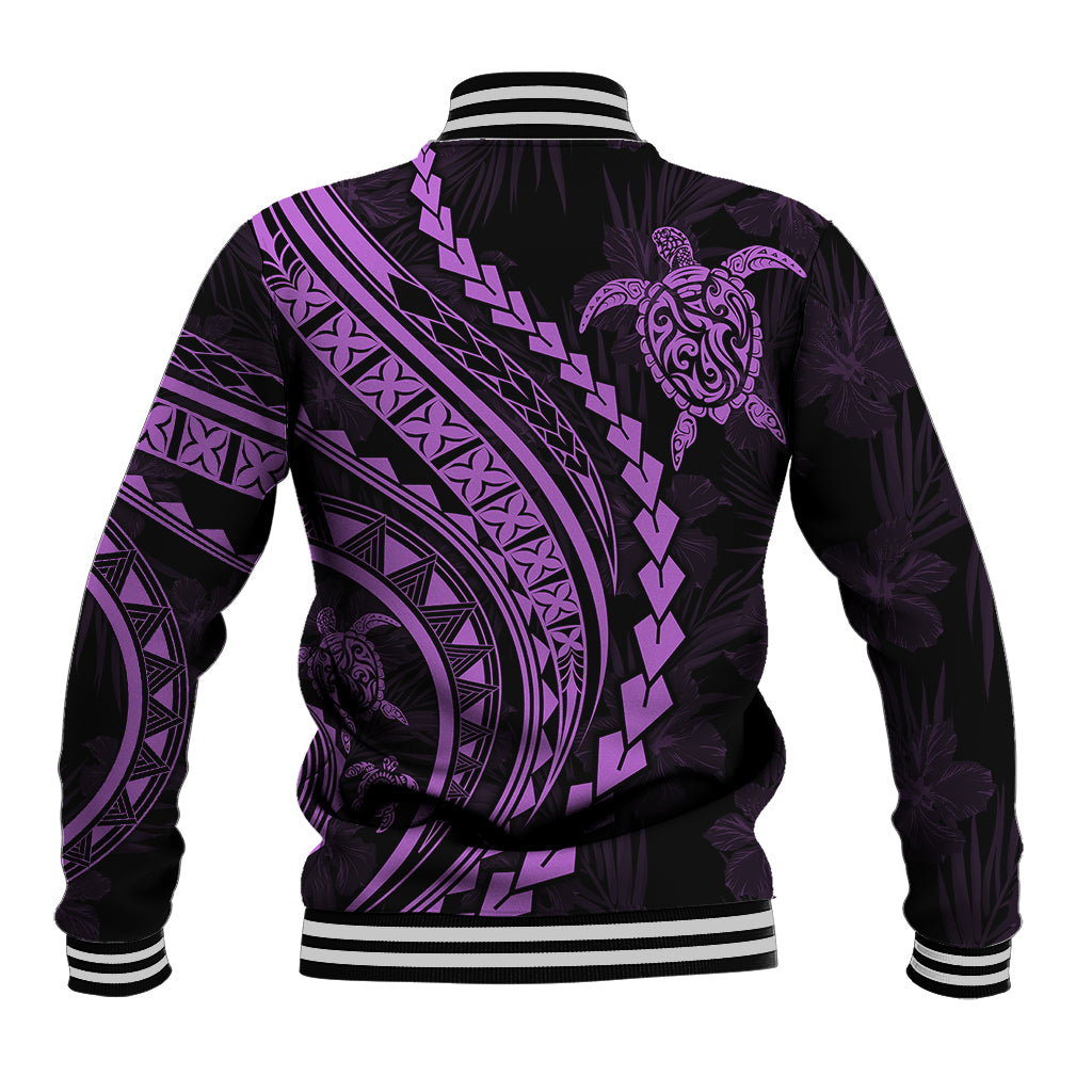Baseball jacket back view with purple tribal patterns and turtle motif, striped rib cuffs