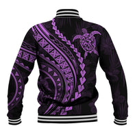 Baseball jacket back view with purple tribal patterns and turtle motif, striped rib cuffs