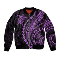 Lilac and black zip-front bomber jacket with tribal turtle artwork, ribbed collar