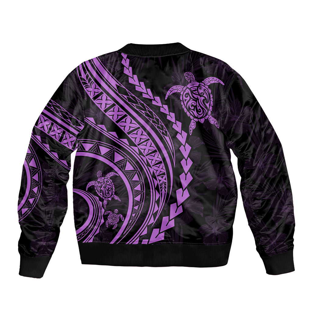 Lilac and black bomber jacket with bold turtle tribal print, ribbed cuffs and hem