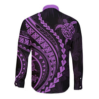 Long-sleeve button shirt back view with lilac Polynesian pattern and turtle motif