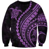 Unisex dark sweatshirt with lilac Polynesian turtle and geometric hibiscus print