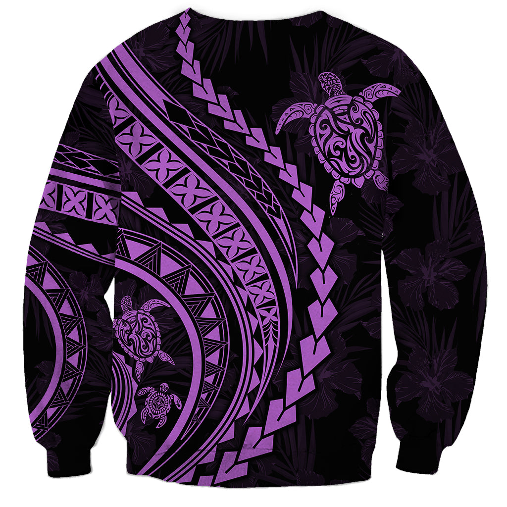 Unisex dark sweatshirt with lilac turtle crest and bold geometric stripe graphic