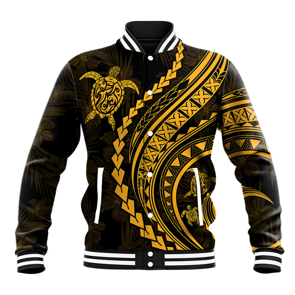 Unisex black baseball jacket with merigold button-front, tribal turtle front graphic