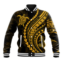 Unisex black baseball jacket with merigold button-front, tribal turtle front graphic