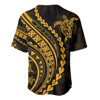 Men's black baseball jersey, large gold circular Polynesian pattern on back