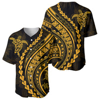 Men's black baseball jersey with gold Polynesian turtle and curved tribal arches