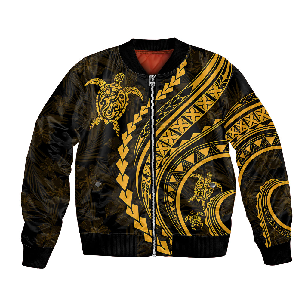 Black bomber jacket with gold tribal turtle print, front zipper and ribbed cuffs