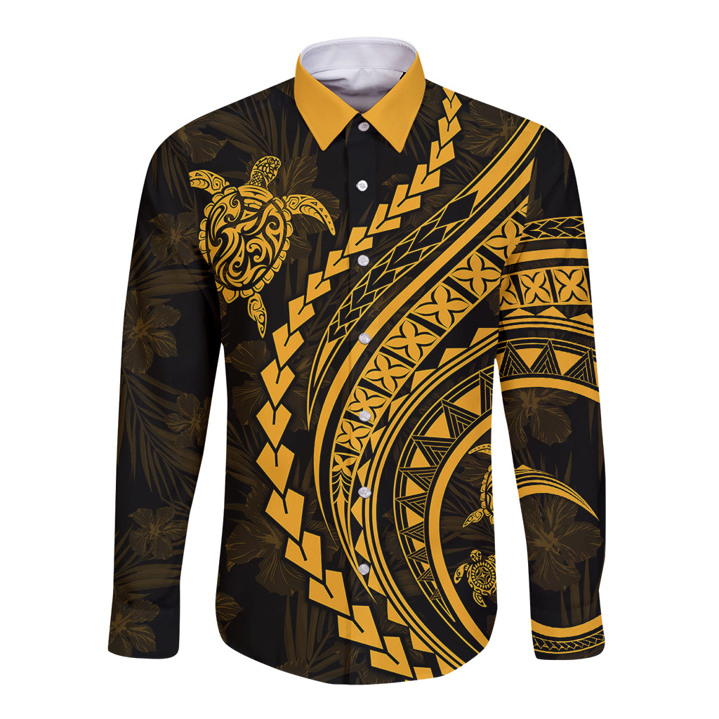 Long sleeve button-up shirt in black with yellow-gold Polynesian print, front view