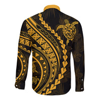 Long sleeve button-up shirt in black with yellow-gold Polynesian print, back view