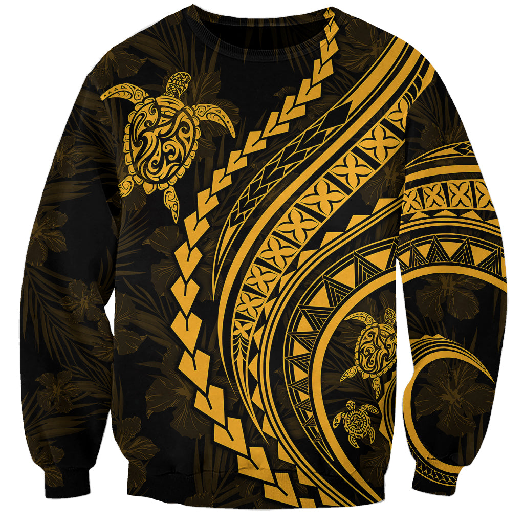 Unisex black sweatshirt with gold turtle and floral Polynesian pattern