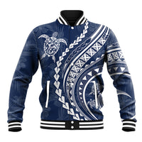 Navy baseball jacket with ribbed collar, striped trim, and turtle graphic