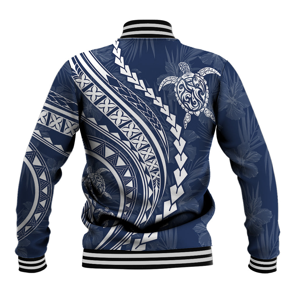 Navy baseball jacket back with turtle graphic and bold tribal patterned sleeves